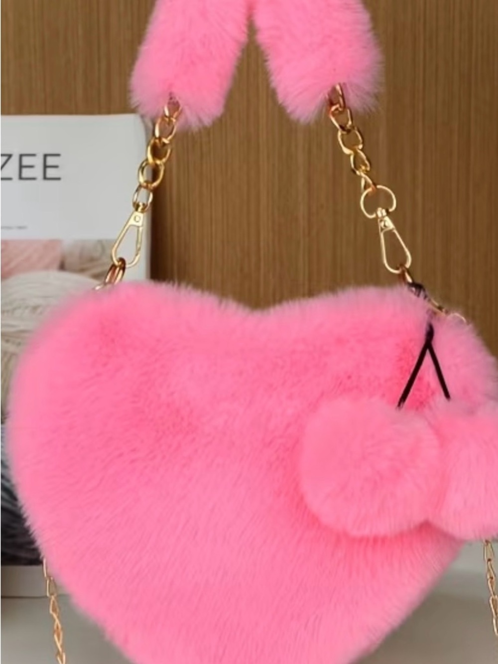 💖Pink Heart 💖Faux Fur Cross Body/Small Handbag with Pom Pom Details - Picture 2 of 2